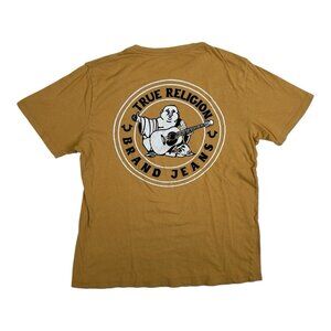 True Religion Shirt Mens Small Yellow Short Sleeve Buddha Casual Crewneck Guitar